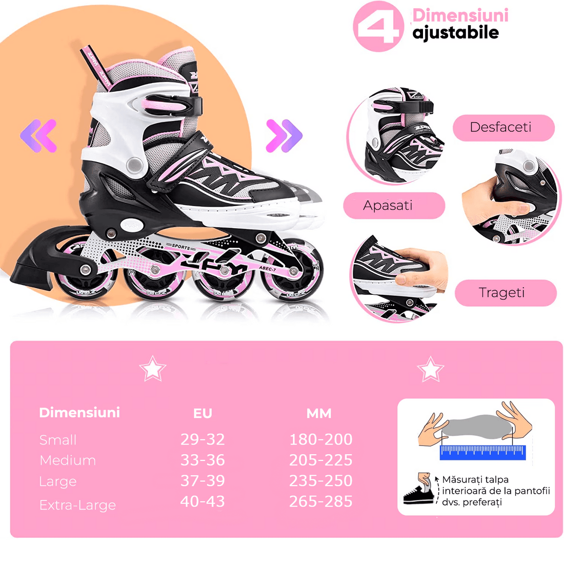 Role reglabile pentru copii si adulti, roti luminoase din silicon, 4 roti in linie, rulmenti ABEC-7, Aluminiu/poliuretan, PM01 marimea L 37-39, alb/roz