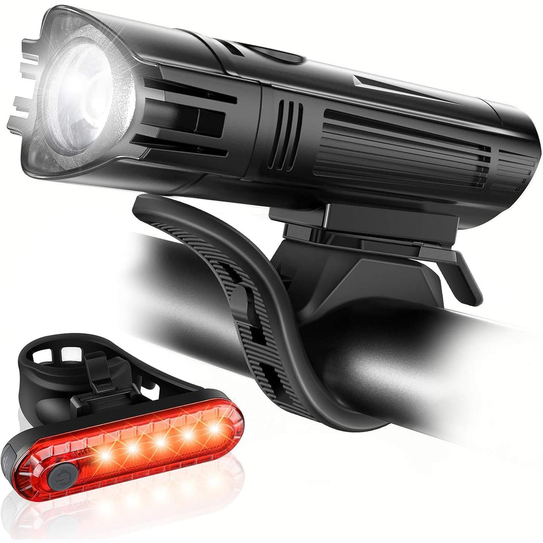 Set lumini bicicletă față/spate, 300 lumeni, USB, 4 moduri, IPX4, negru