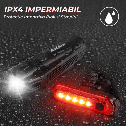 Set lumini bicicletă față/spate, 300 lumeni, USB, 4 moduri, IPX4, negru