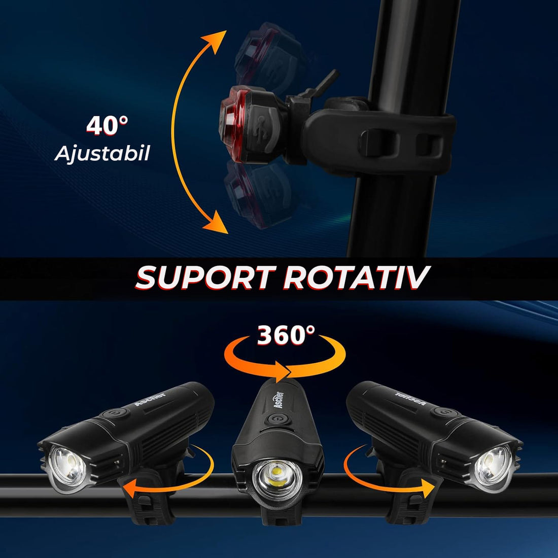 Set lumini bicicletă față/spate, 300 lumeni, USB, 4 moduri, IPX4, negru