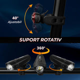 Set lumini bicicletă față/spate, 300 lumeni, USB, 4 moduri, IPX4, negru