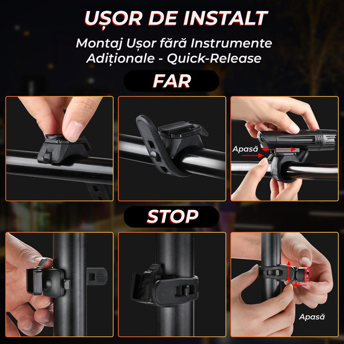 Set lumini bicicletă față/spate, 300 lumeni, USB, 4 moduri, IPX4, negru