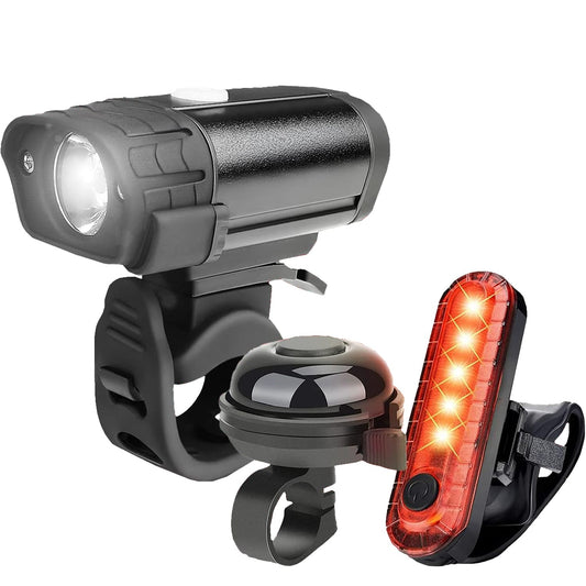 Set lumini bicicletă față/spate cu sonerie, 400 lumeni, USB-C, 4 moduri, IPX5, negru