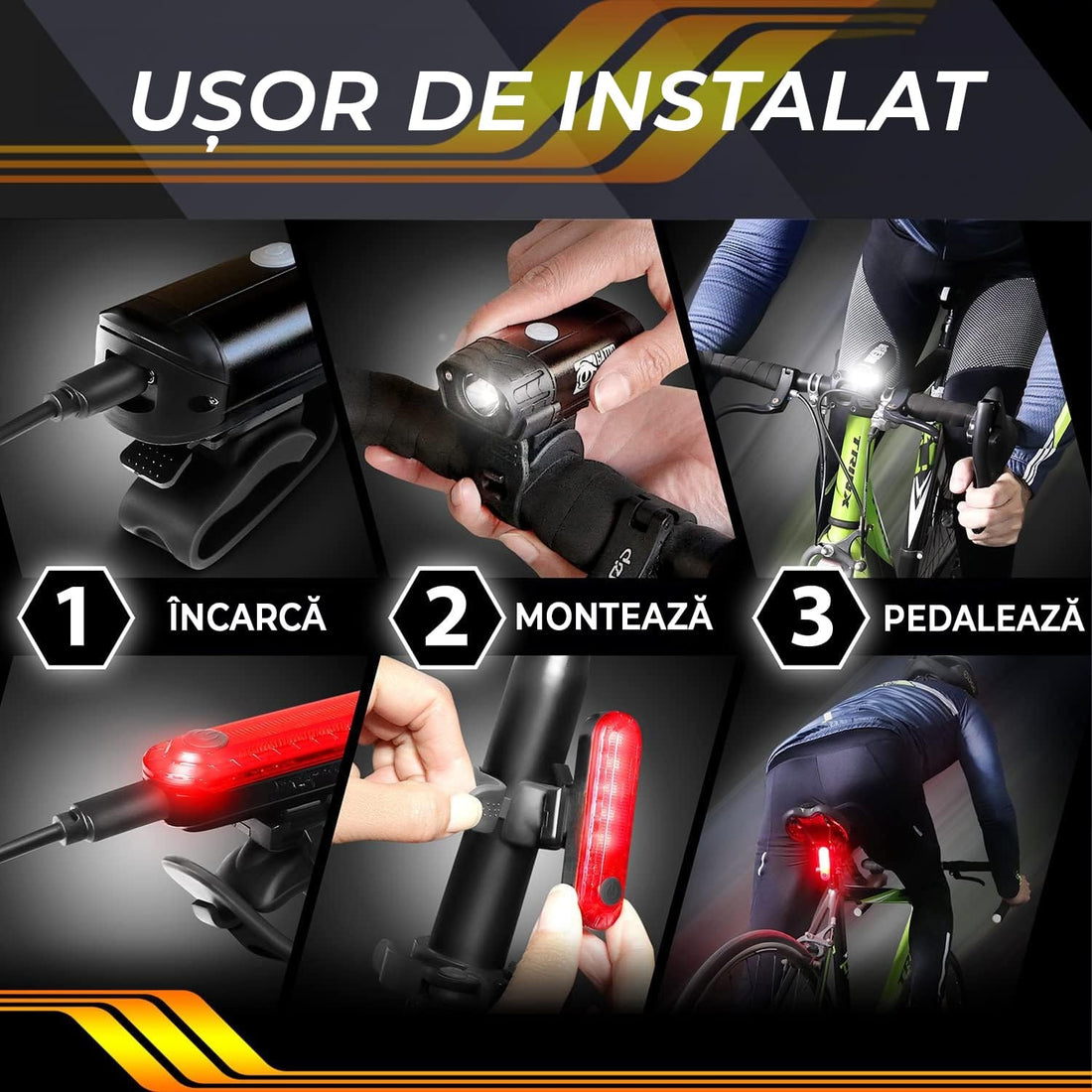 Set lumini bicicletă față/spate cu sonerie, 400 lumeni, USB-C, 4 moduri, IPX5, negru