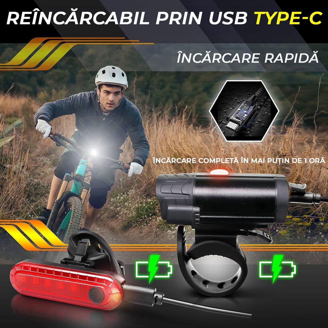 Set lumini bicicletă față/spate cu sonerie, 400 lumeni, USB-C, 4 moduri, IPX5, negru