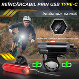 Set lumini bicicletă față/spate cu sonerie, 400 lumeni, USB-C, 4 moduri, IPX5, negru
