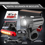 Set lumini bicicletă față/spate cu sonerie, 400 lumeni, USB-C, 4 moduri, IPX5, negru