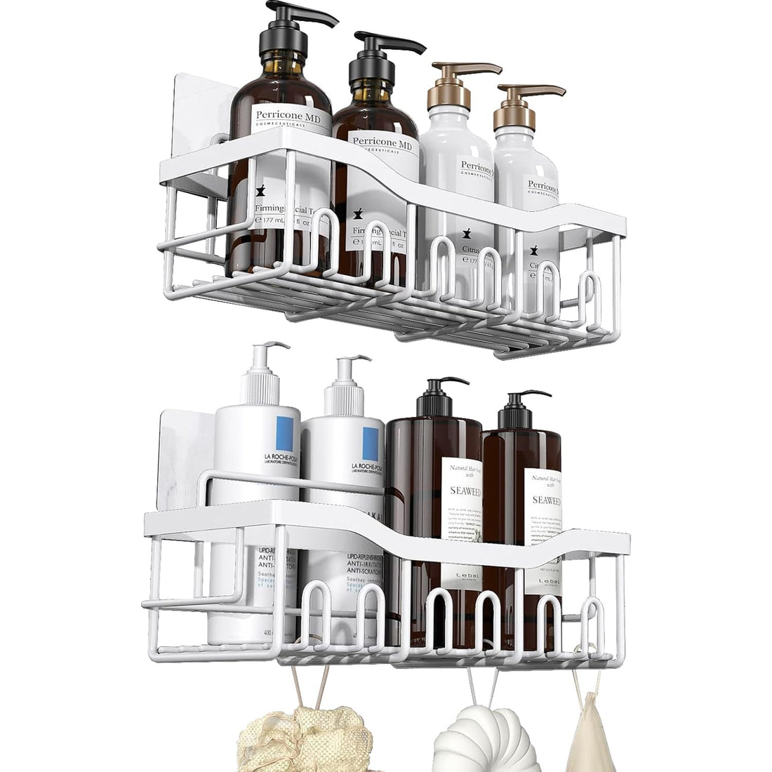 Raft de dus, etajera baie, pentru depozitare in bucatarie, organizator baie, prindere adeziv, set 2 rafturi de dus, Argintiu