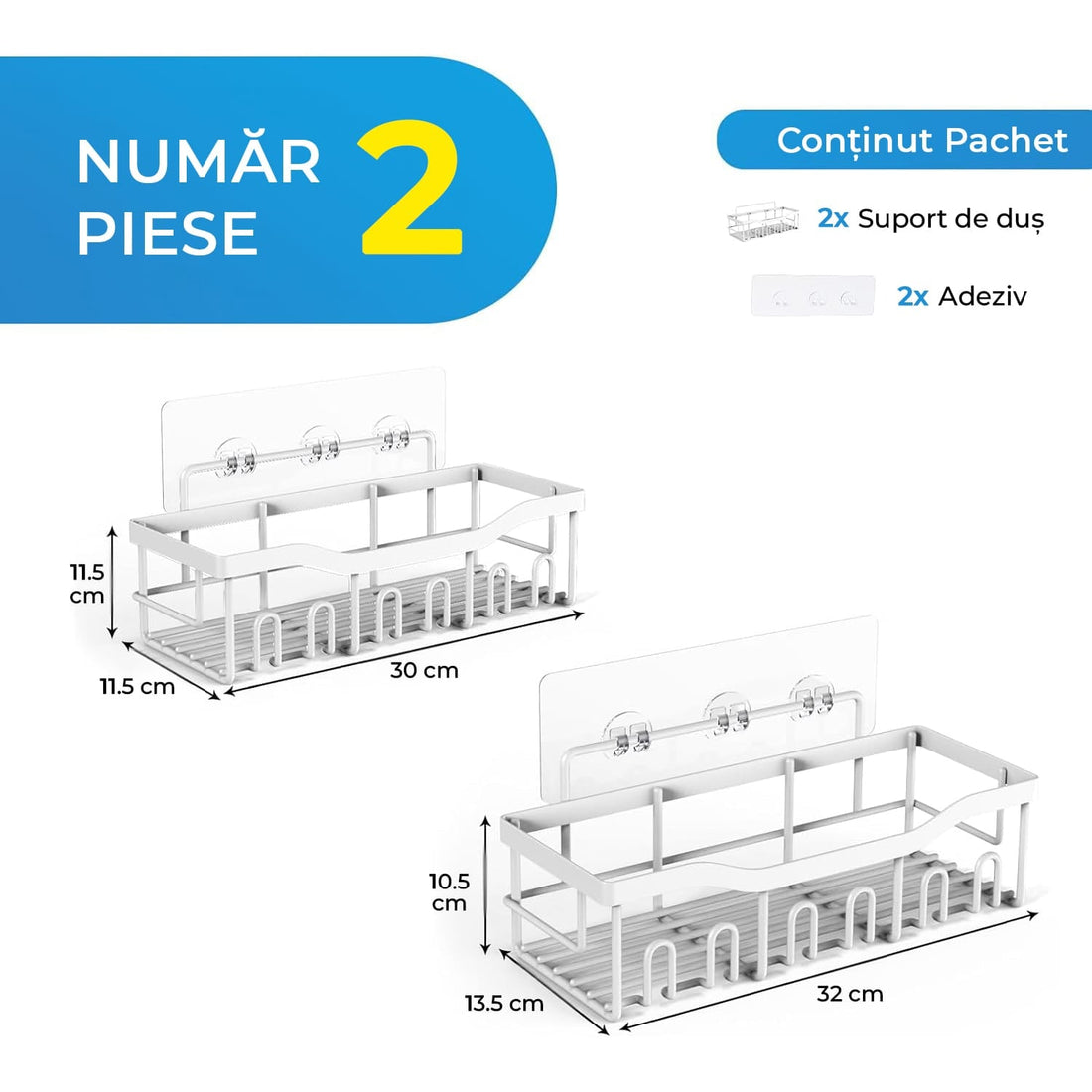 Raft de dus, etajera baie, pentru depozitare in bucatarie, organizator baie, prindere adeziv, set 2 rafturi de dus, Argintiu