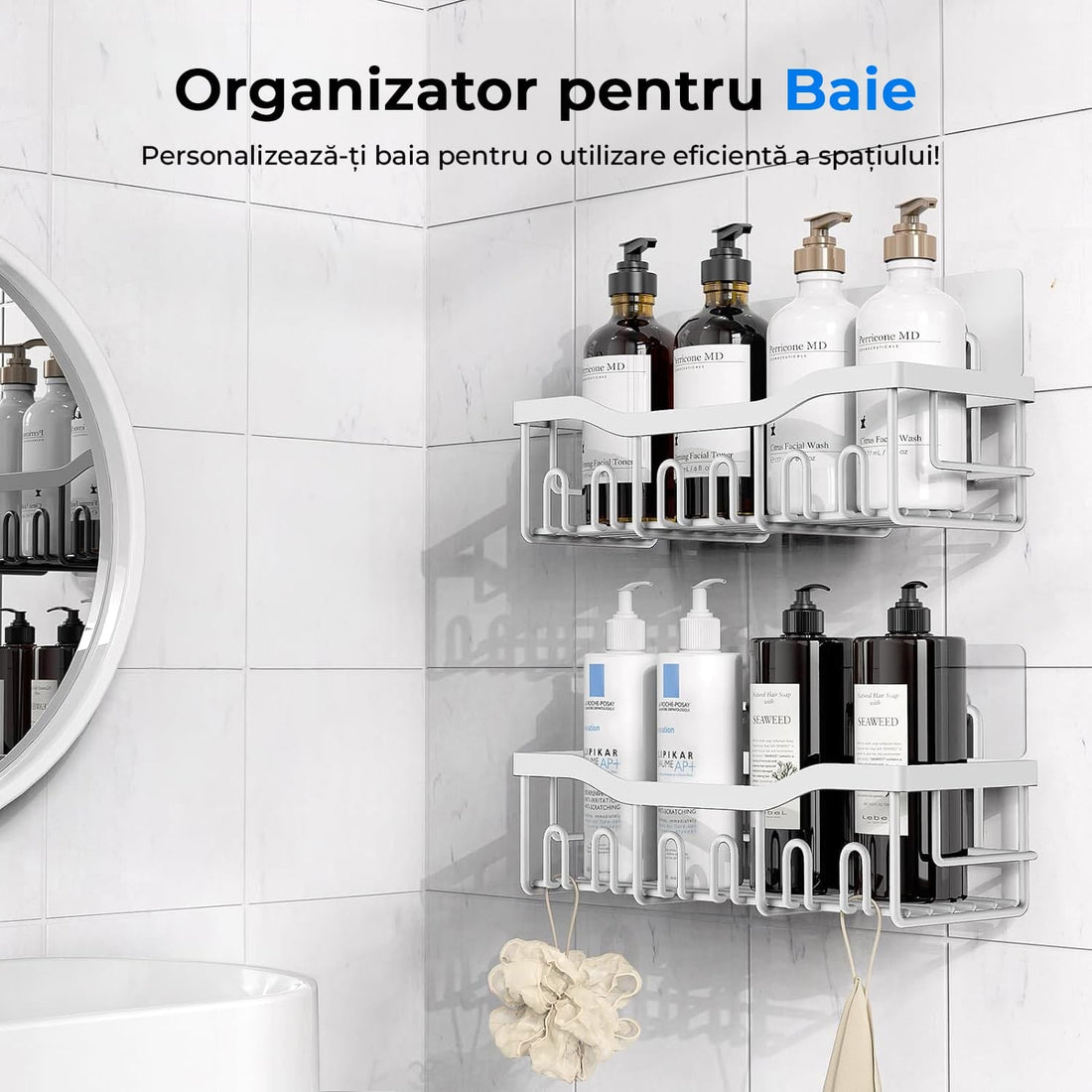 Raft de dus, etajera baie, pentru depozitare in bucatarie, organizator baie, prindere adeziv, set 2 rafturi de dus, Argintiu