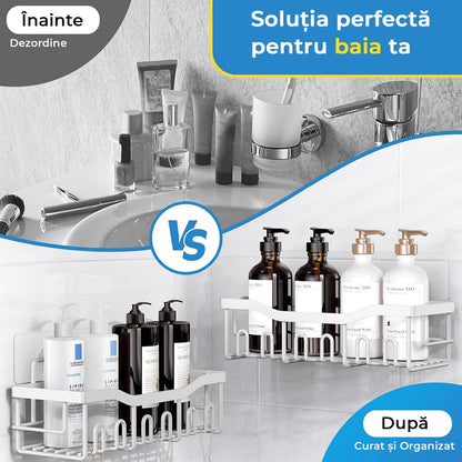 Raft de dus, etajera baie, pentru depozitare in bucatarie, organizator baie, prindere adeziv, set 2 rafturi de dus, Argintiu