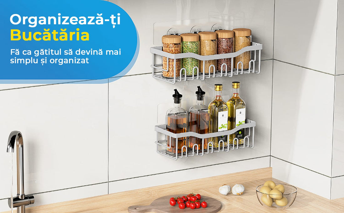 Raft de dus, etajera baie, pentru depozitare in bucatarie, organizator baie, prindere adeziv, set 2 rafturi de dus, Argintiu