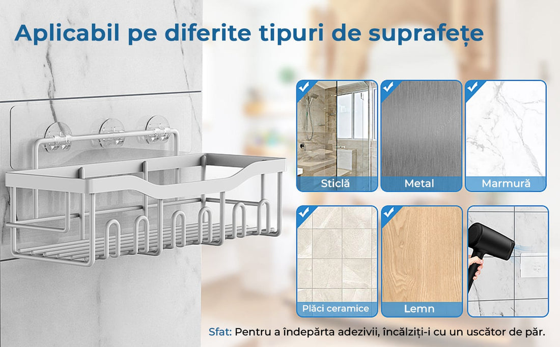 Raft de dus, etajera baie, pentru depozitare in bucatarie, organizator baie, prindere adeziv, set 2 rafturi de dus, Argintiu