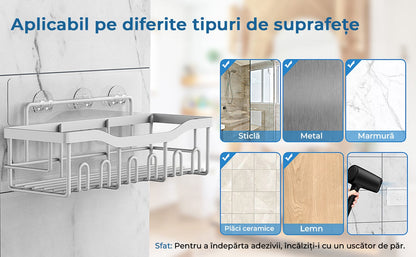 Raft de dus, etajera baie, pentru depozitare in bucatarie, organizator baie, prindere adeziv, set 2 rafturi de dus, Argintiu