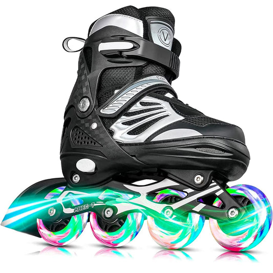 Role reglabile pentru copii si adulti, roti cu lumini din silicon, 4 roti in linie, rulmenti ABEC-7, Aluminiu/poliuretan, VK01 marimea L 38-41, negru