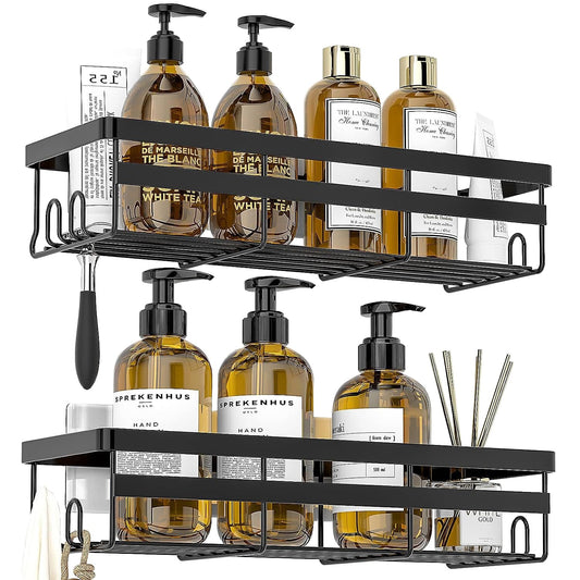 Set 2 rafturi duș, prindere adezivă, fără găuri, organizator baie/bucătărie, negru