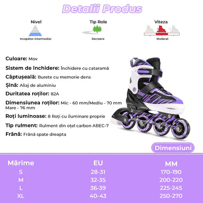 Role reglabile copii și adulți, 4 roți luminoase, ABEC-7, mărime S 28-31, mov