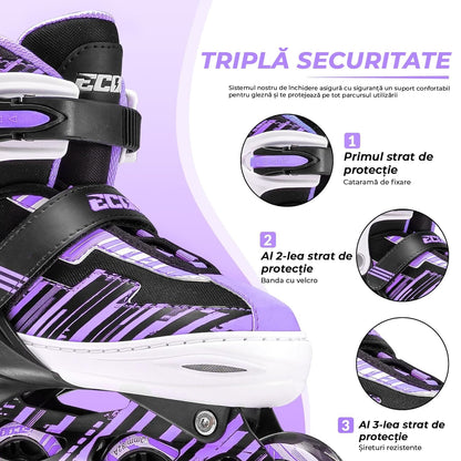 Role reglabile copii și adulți, 4 roți luminoase, ABEC-7, mărime S 28-31, mov