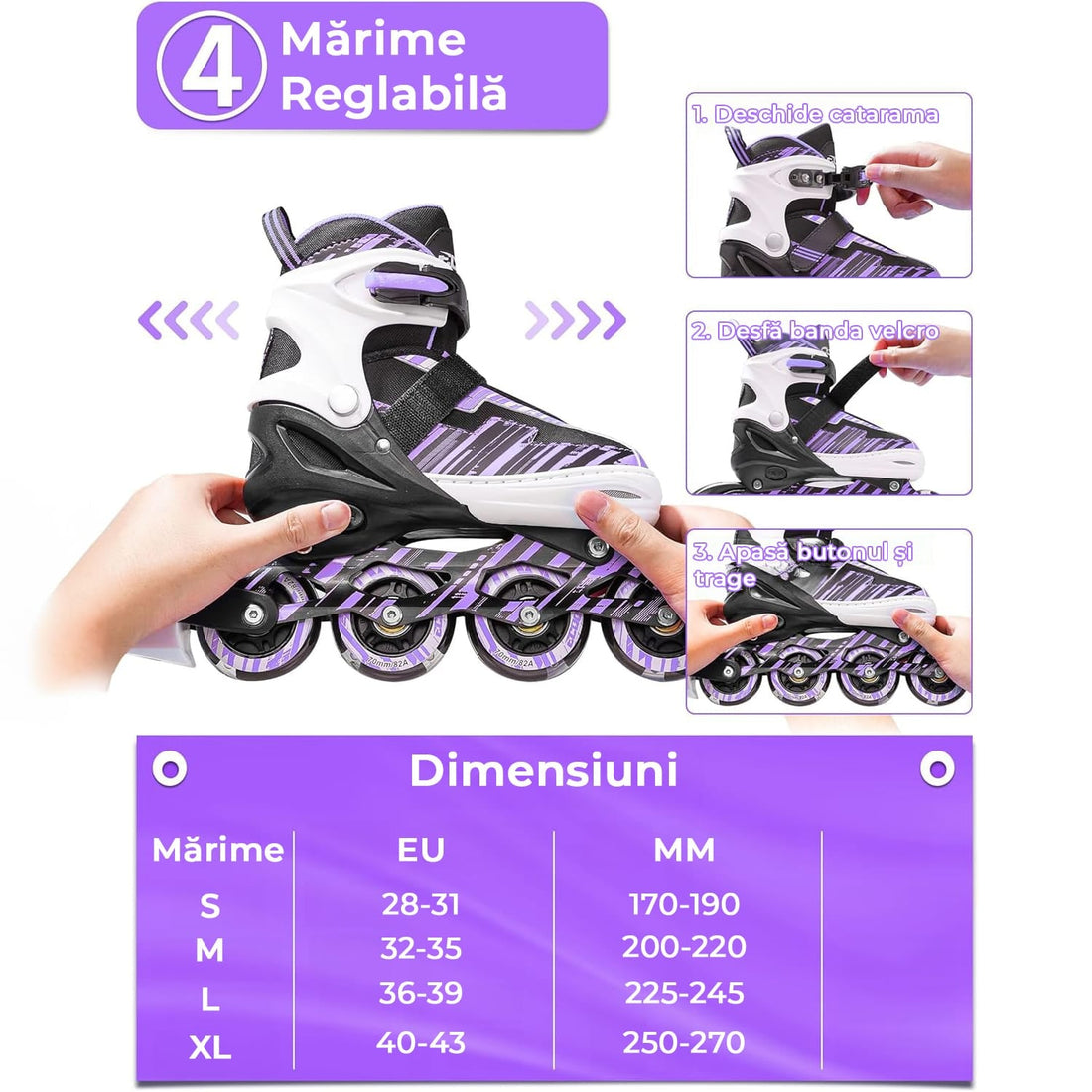 Role reglabile copii și adulți, 4 roți luminoase, ABEC-7, mărime S 28-31, mov