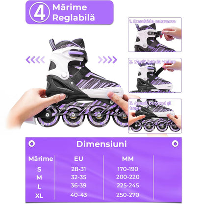 Role reglabile copii și adulți, 4 roți luminoase, ABEC-7, mărime S 28-31, mov