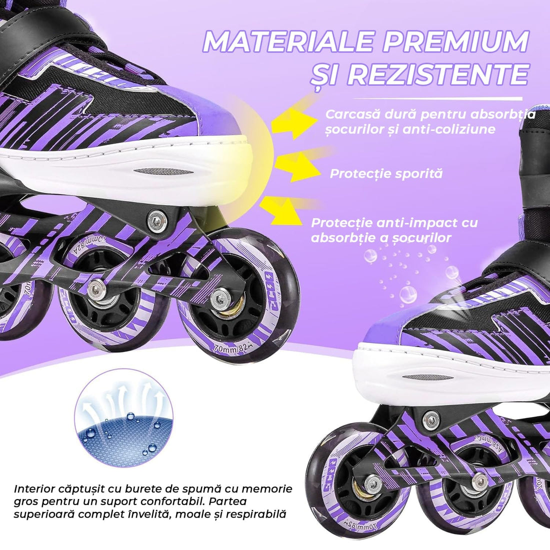 Role reglabile copii și adulți, 4 roți luminoase, ABEC-7, mărime M 32-35, mov