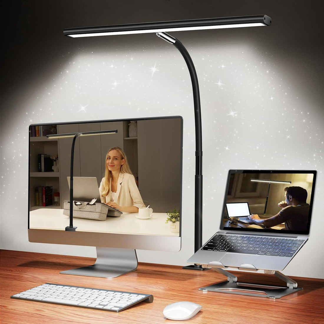 Lampa LED de Birou Ultra Wide, Luminozitate și Temperatură Lumină Reglabilă, cu Clemă de Prindere, Gât Reglabil, Temperatură Lumină 2700-6500K, Lățime 43 cm, Negru