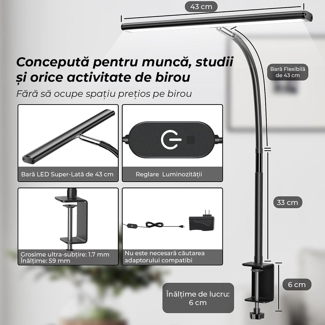 Lampa LED de Birou Ultra Wide, Luminozitate și Temperatură Lumină Reglabilă, cu Clemă de Prindere, Gât Reglabil, Temperatură Lumină 2700-6500K, Lățime 43 cm, Negru