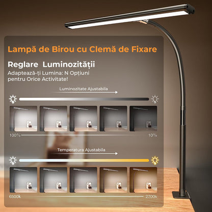 Lampa LED de Birou Ultra Wide, Luminozitate și Temperatură Lumină Reglabilă, cu Clemă de Prindere, Gât Reglabil, Temperatură Lumină 2700-6500K, Lățime 43 cm, Negru