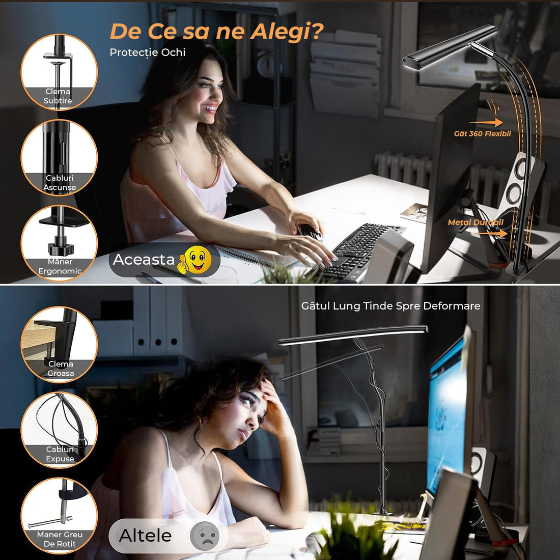 Lampa LED de Birou Ultra Wide, Luminozitate și Temperatură Lumină Reglabilă, cu Clemă de Prindere, Gât Reglabil, Temperatură Lumină 2700-6500K, Lățime 43 cm, Negru