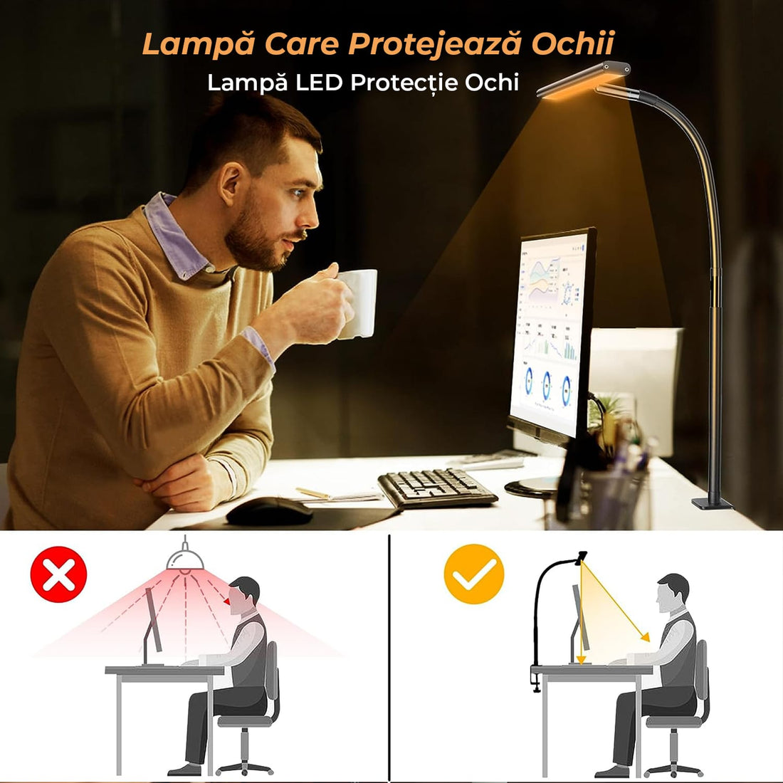 Lampa LED de Birou Ultra Wide, Luminozitate și Temperatură Lumină Reglabilă, cu Clemă de Prindere, Gât Reglabil, Temperatură Lumină 2700-6500K, Lățime 43 cm, Negru