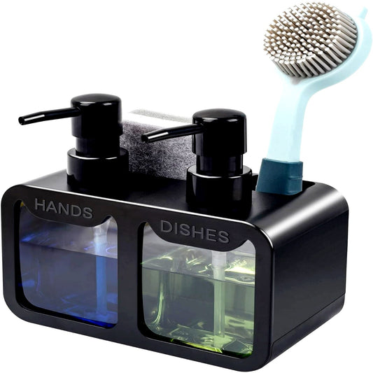 Set dozatoare săpun 2 compartimente, suport burete și perie, organizator 4 în 1, negru