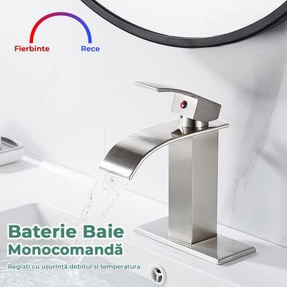 Baterie chiuvetă tip cascadă, monocomandă, alamă, nichel periat