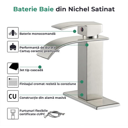 Baterie chiuvetă tip cascadă, monocomandă, alamă, nichel periat