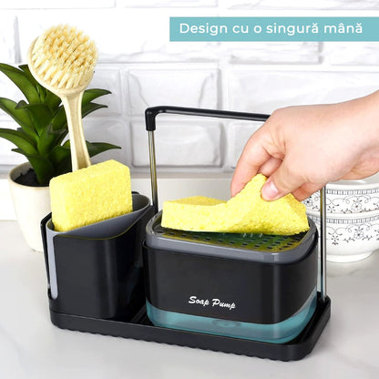 Set dispenser săpun vase cu suport burete, tavă, organizator ustensile, perie și pâlnie