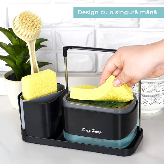 Set dispenser săpun vase cu suport burete, tavă, organizator ustensile, perie și pâlnie