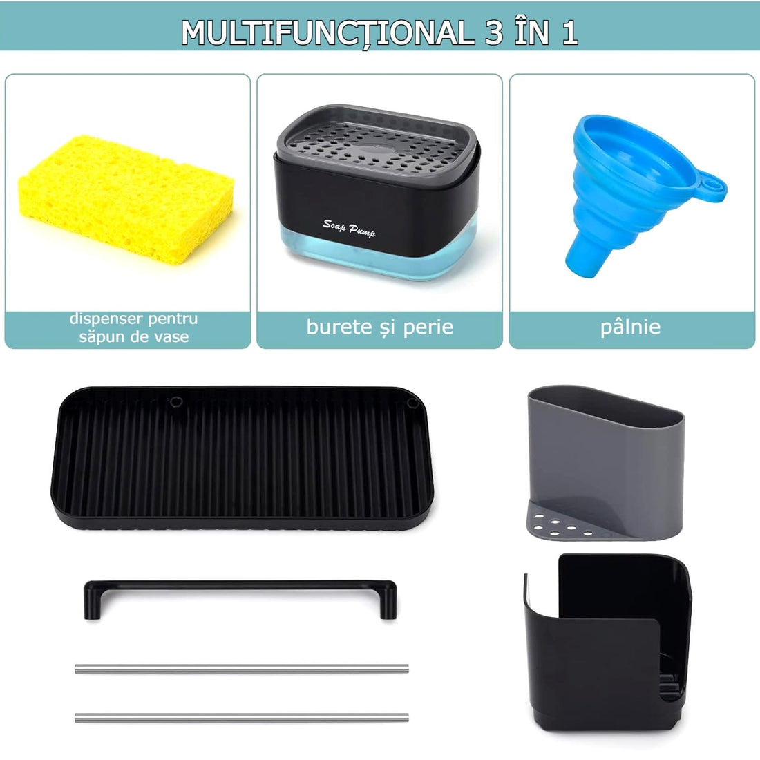 Set dispenser săpun vase cu suport burete, tavă, organizator ustensile, perie și pâlnie