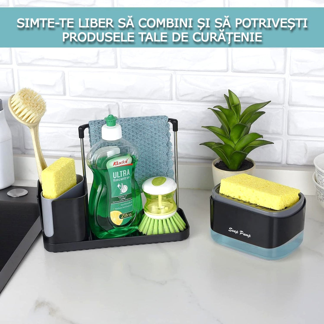 Set dispenser săpun vase cu suport burete, tavă, organizator ustensile, perie și pâlnie