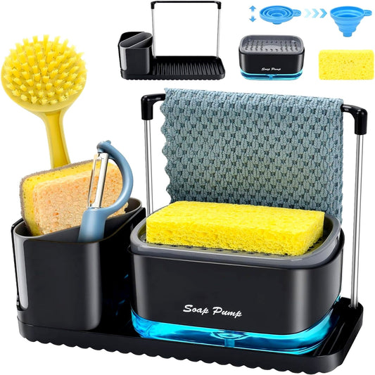 Set dispenser săpun vase cu suport burete, tavă, organizator ustensile, perie și pâlnie