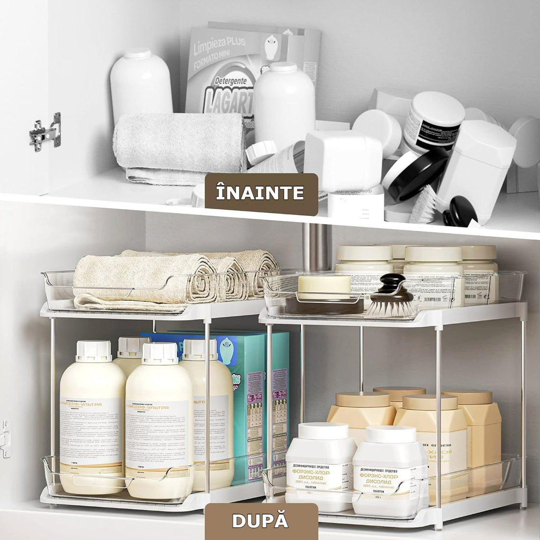 Organizator multifuncțional 2 niveluri, glisant, 32x21x27 cm, transparent