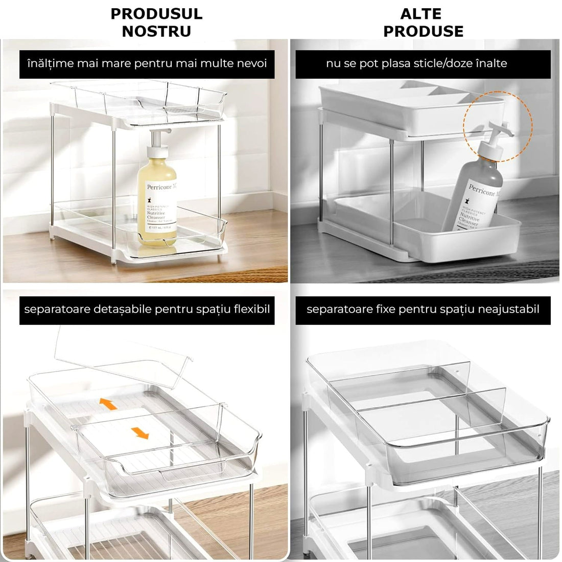 Organizator multifuncțional 2 niveluri, glisant, 32x21x27 cm, transparent