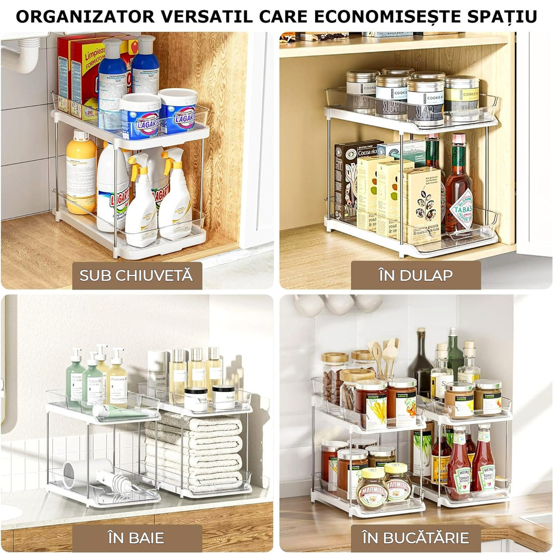 Organizator multifuncțional 2 niveluri, glisant, 32x21x27 cm, transparent