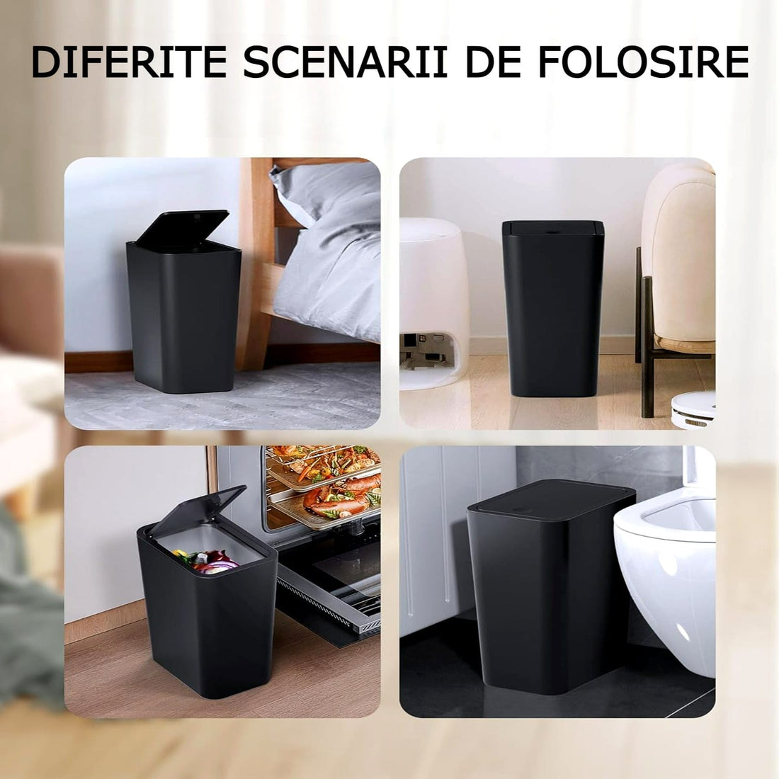 Cos De Gunoi Cu Capac Rabatabil, 15 Litri, Subtire, Pentru Baie, Dormitor, Birou, Camera De Zi, Negru