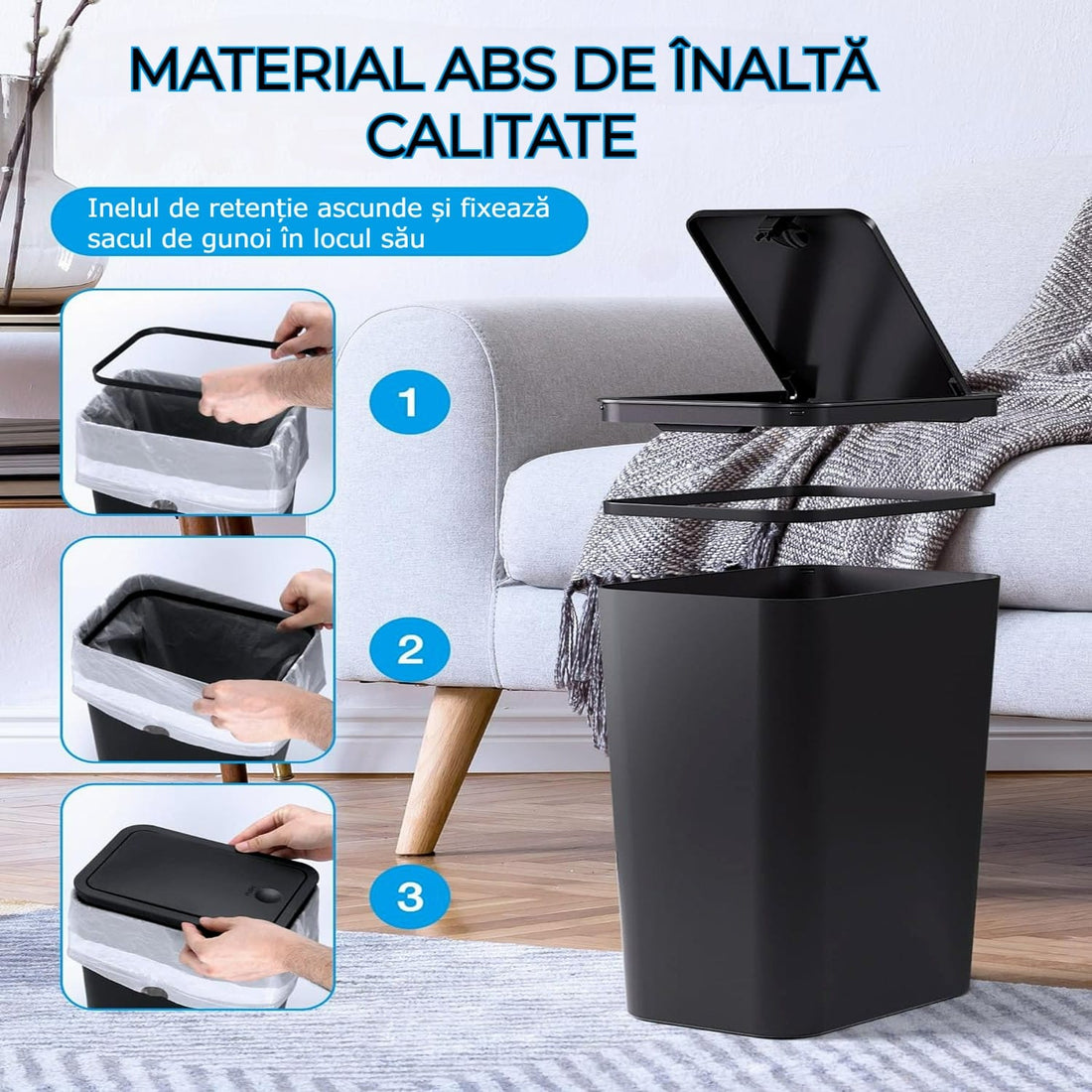 Cos De Gunoi Cu Capac Rabatabil, 15 Litri, Subtire, Pentru Baie, Dormitor, Birou, Camera De Zi, Negru