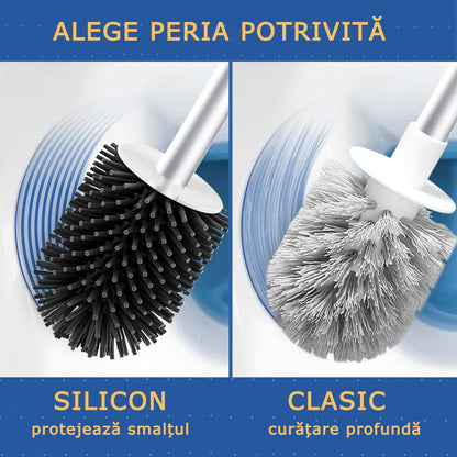 Perie de Toaleta din Silicon, Maner de Aluminiu si Penseta, Recipient Pentru Scurgerea Apei, Peri Moi,  Alb