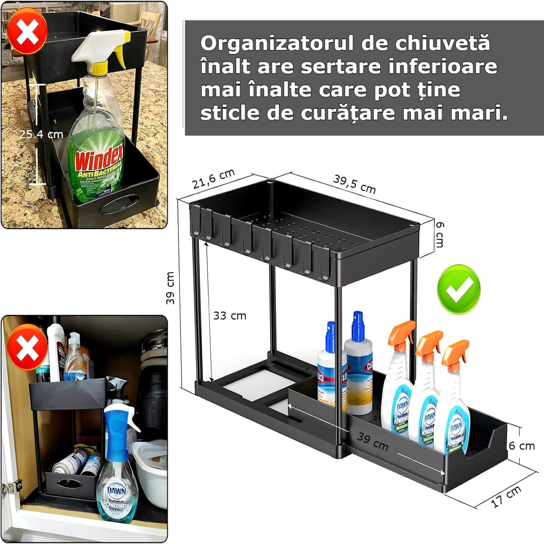 Organizator multifunctional pentru baie pe 2 niveluri, recipient de depozitare glisant sub chiuveta, in bucatarie si in baie, carlige , 39.5 x 22x 39, negru