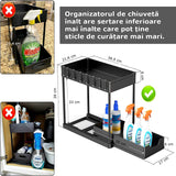 Organizator multifunctional pentru baie pe 2 niveluri, recipient de depozitare glisant sub chiuveta, in bucatarie si in baie, carlige , 39.5 x 22x 39, negru