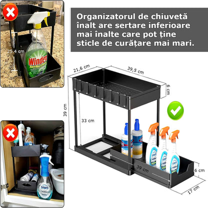 Organizator multifunctional pentru baie pe 2 niveluri, recipient de depozitare glisant sub chiuveta, in bucatarie si in baie, carlige , 39.5 x 22x 39, negru