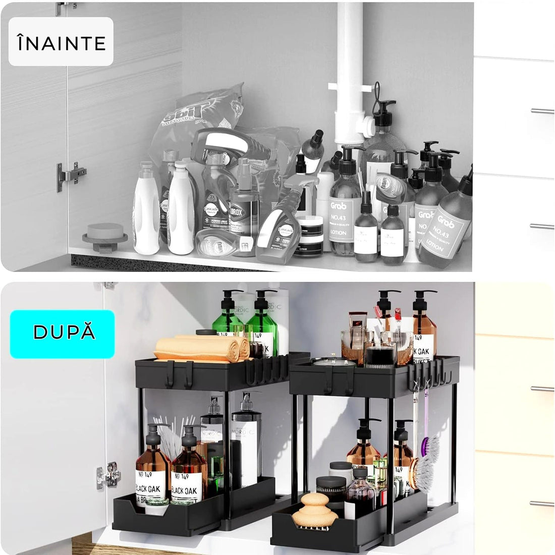 Organizator multifunctional pentru baie pe 2 niveluri, recipient de depozitare glisant sub chiuveta, in bucatarie si in baie, carlige , 39.5 x 22x 39, negru