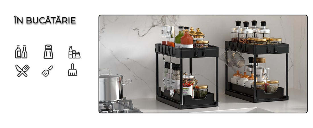 Organizator multifunctional pentru baie pe 2 niveluri, recipient de depozitare glisant sub chiuveta, in bucatarie si in baie, carlige , 39.5 x 22x 39, negru