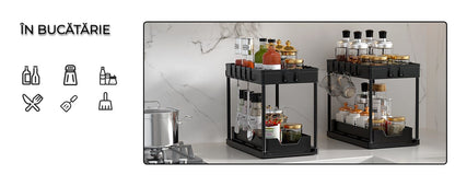 Organizator multifunctional pentru baie pe 2 niveluri, recipient de depozitare glisant sub chiuveta, in bucatarie si in baie, carlige , 39.5 x 22x 39, negru